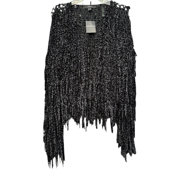 Forever 21+ Black Fringe Knit Open Cardigan Sweater 1X NWT - Picture 1 of 7